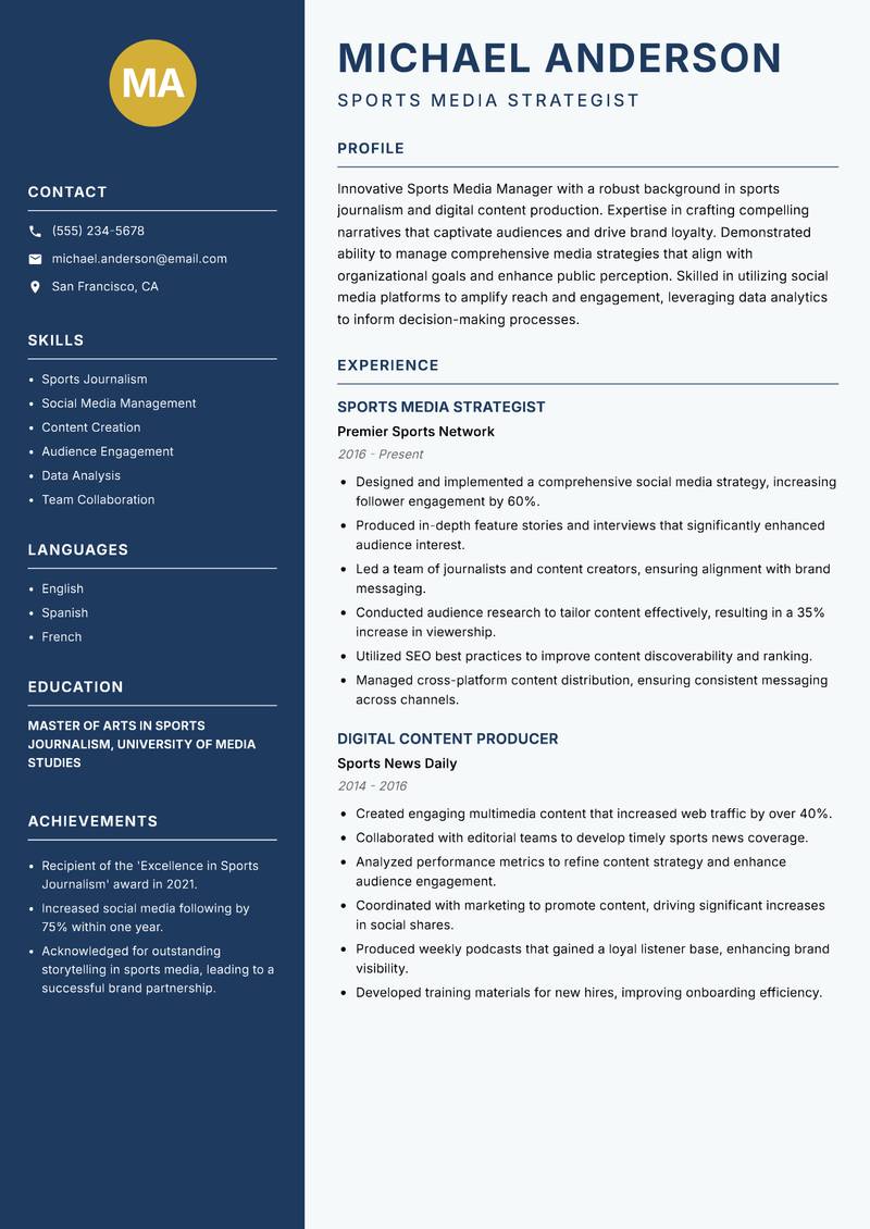 Sports Media Manager Resume Preview Example