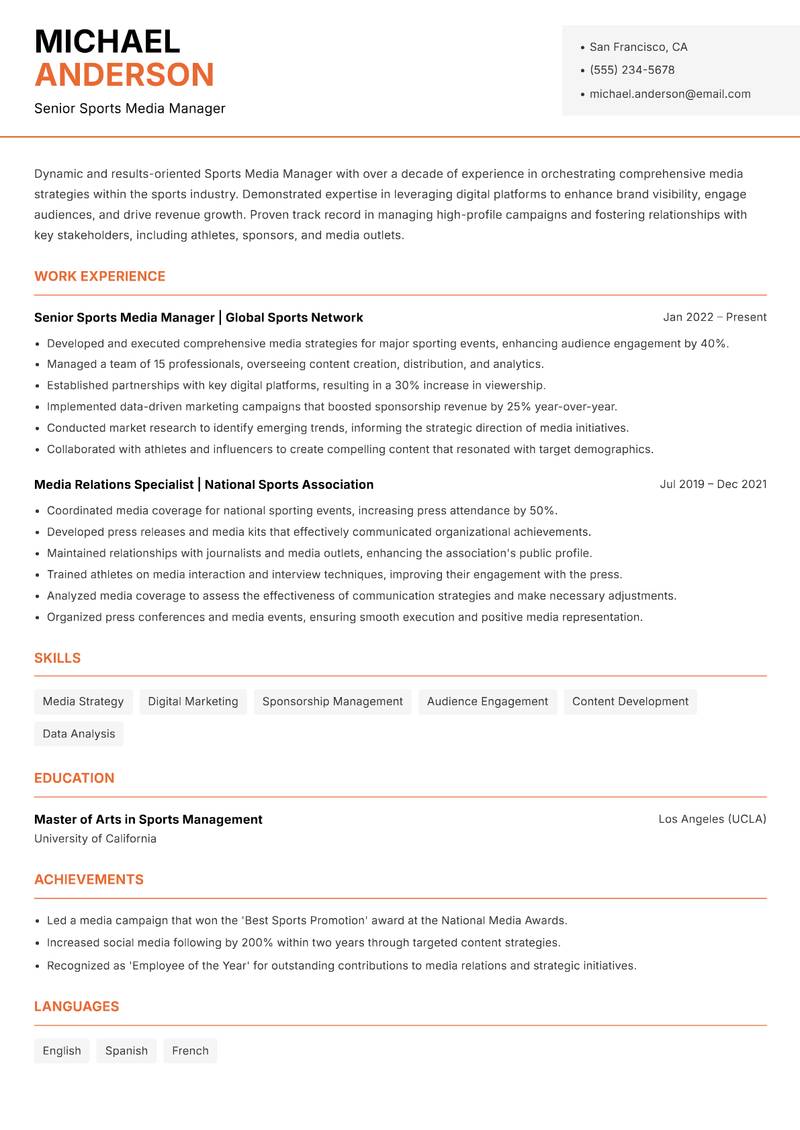 Sports Media Manager Resume Template