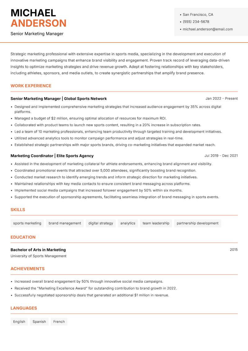Sports Media Marketing Manager Resume Template