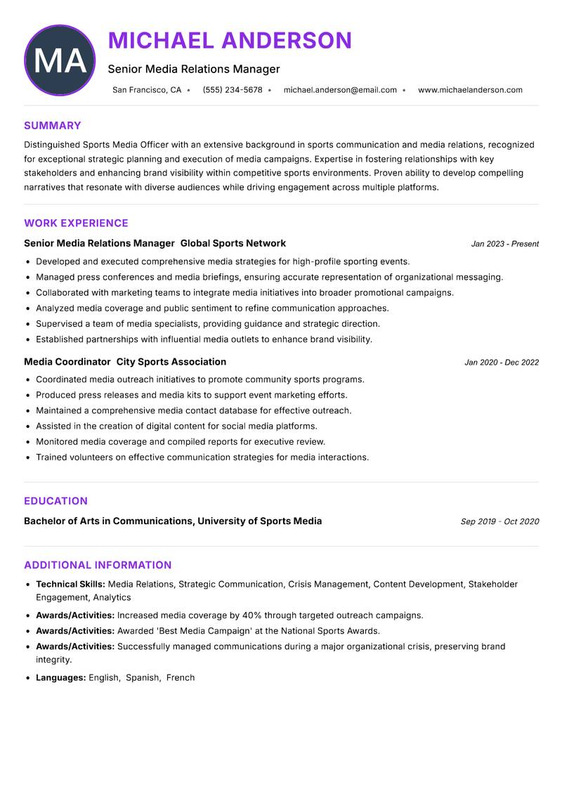 Sports Media Officer Resume Preview Example