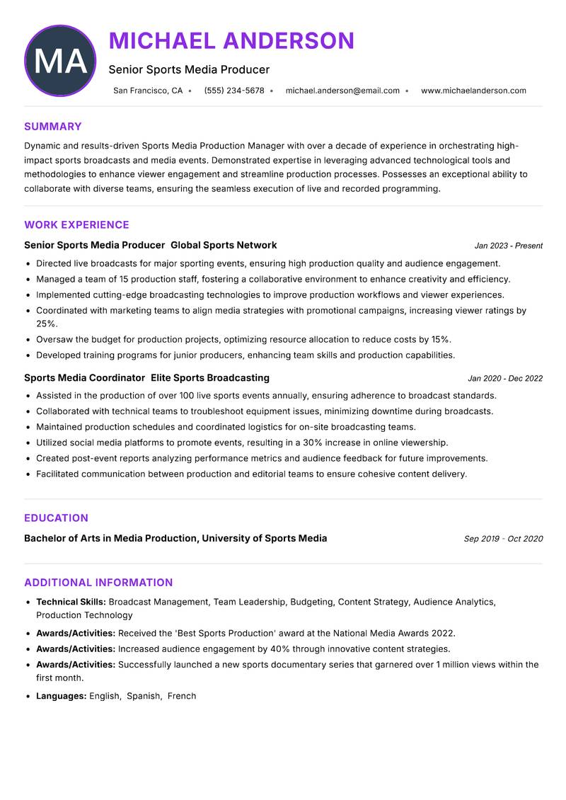 Sports Media Production Manager Resume Preview Example