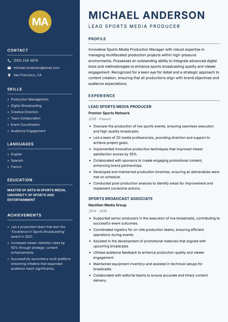 Sports Media Production Manager Resume Preview Example