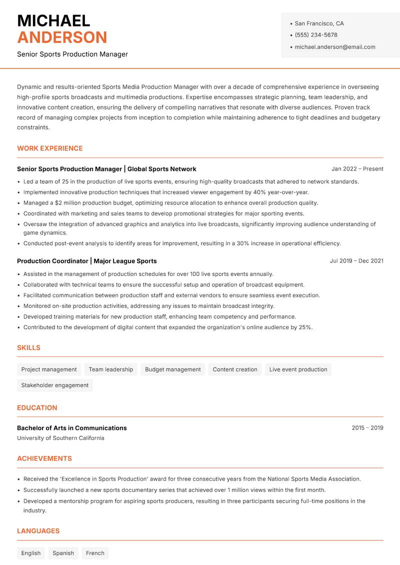 Sports Media Production Manager Resume Template