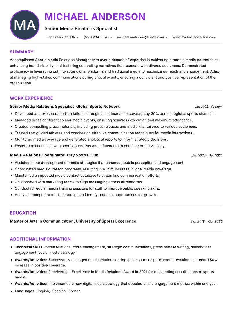 Sports Media Relations Manager Resume Preview Example