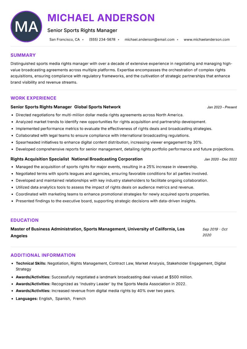 Sports Media Rights Manager Resume Preview Example