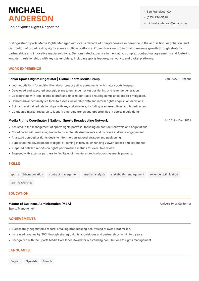Sports Media Rights Manager Resume Template