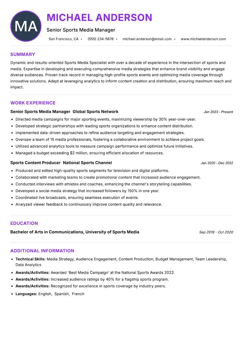 Sports Media Specialist Resume Preview Example