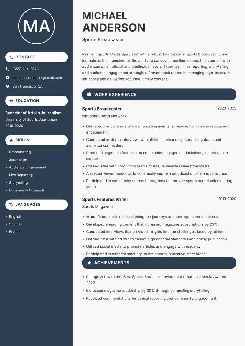 Sports Media Specialist Resume Preview Example
