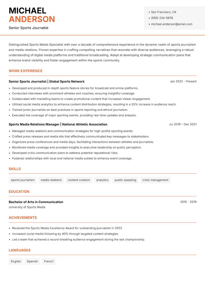 Sports Media Specialist Resume Template