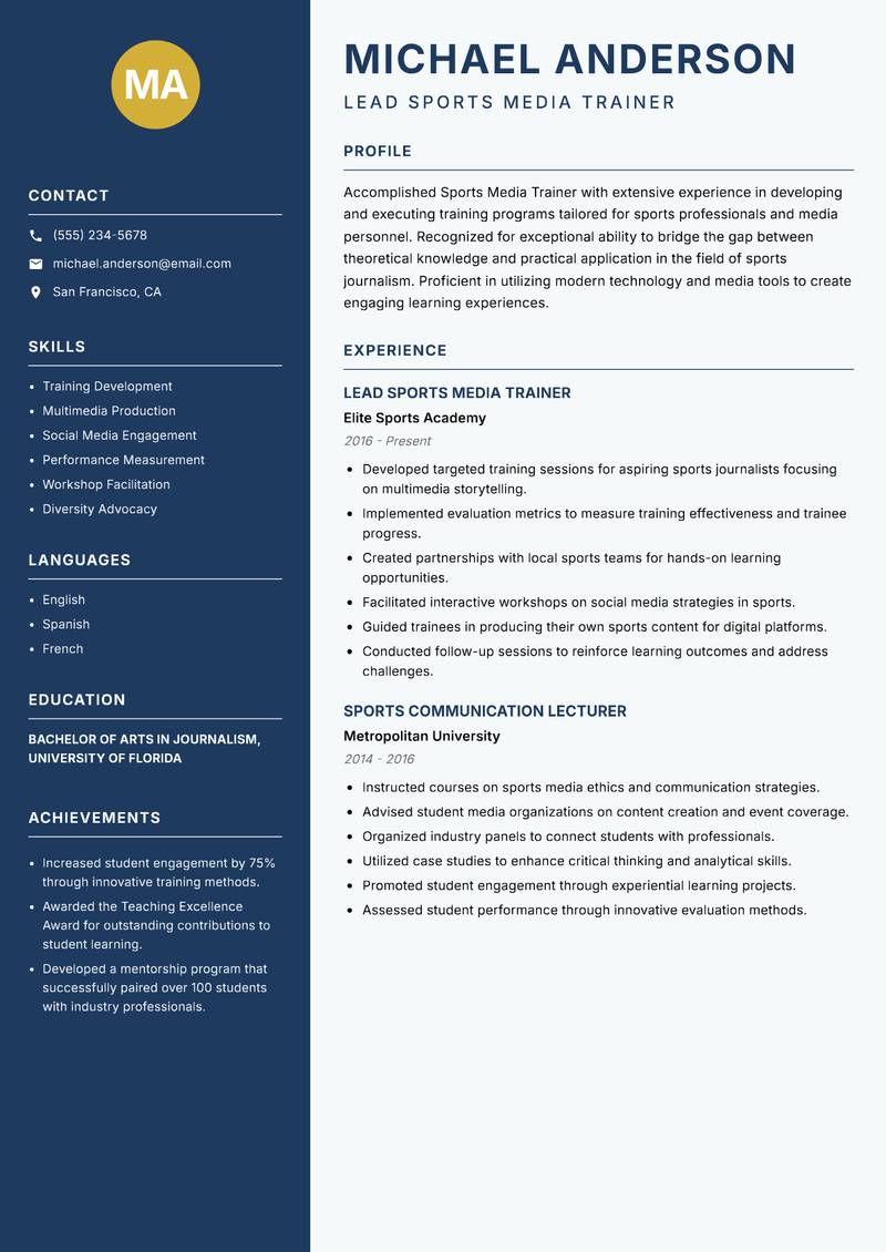 Sports Media Trainer Resume Preview Example