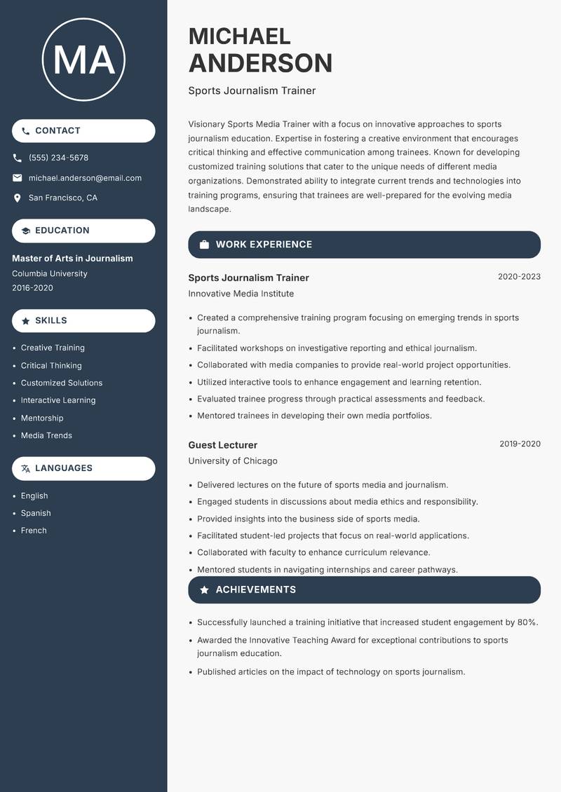 Sports Media Trainer Resume Preview Example