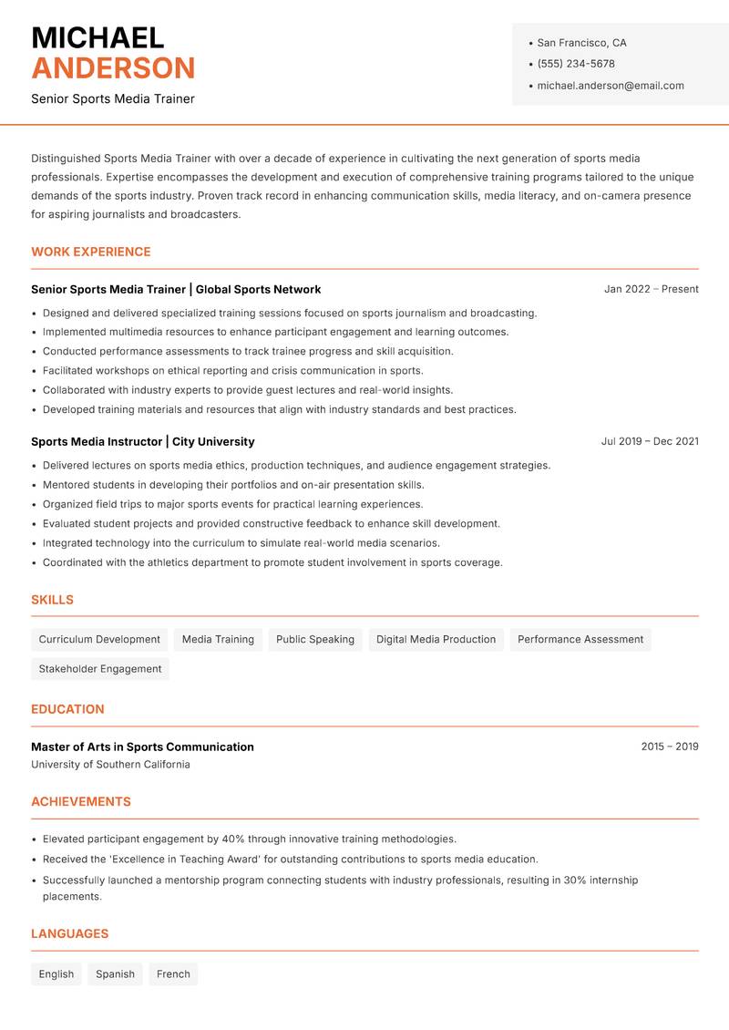 Sports Media Trainer Resume Template