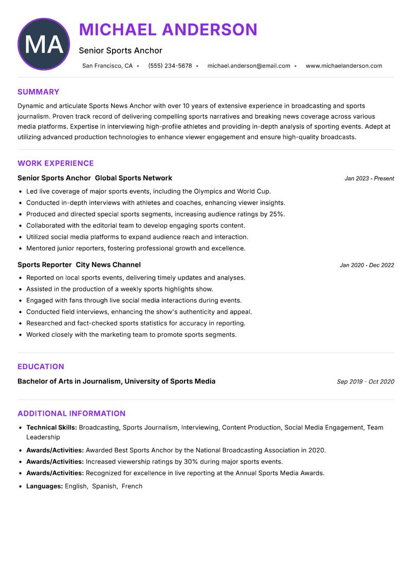 Sports News Anchor Resume Preview Example