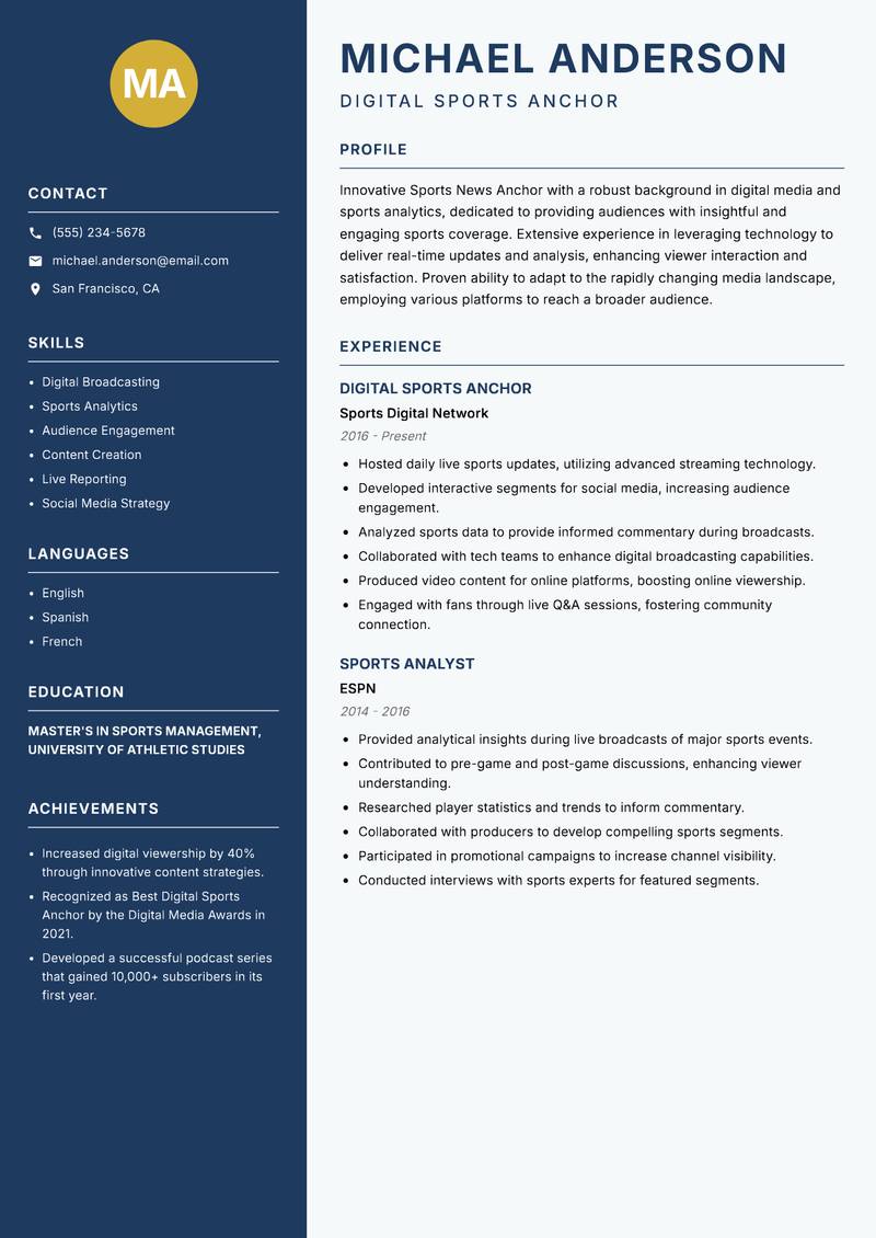 Sports News Anchor Resume Preview Example