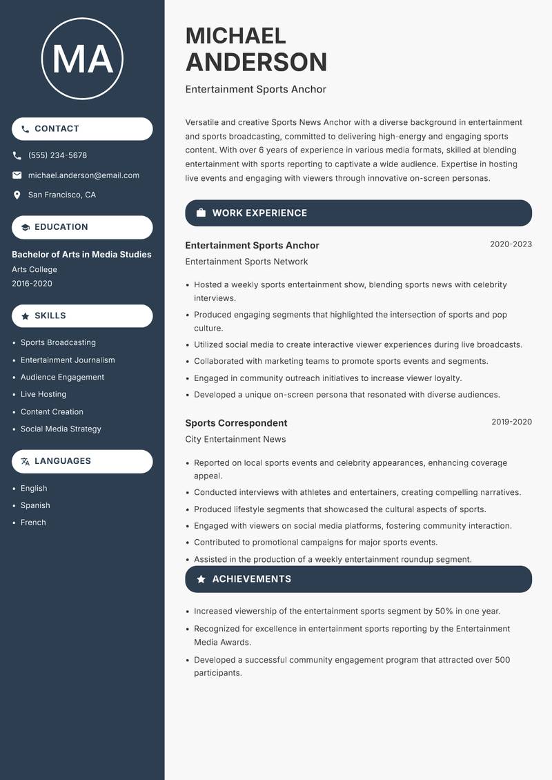 Sports News Anchor Resume Preview Example
