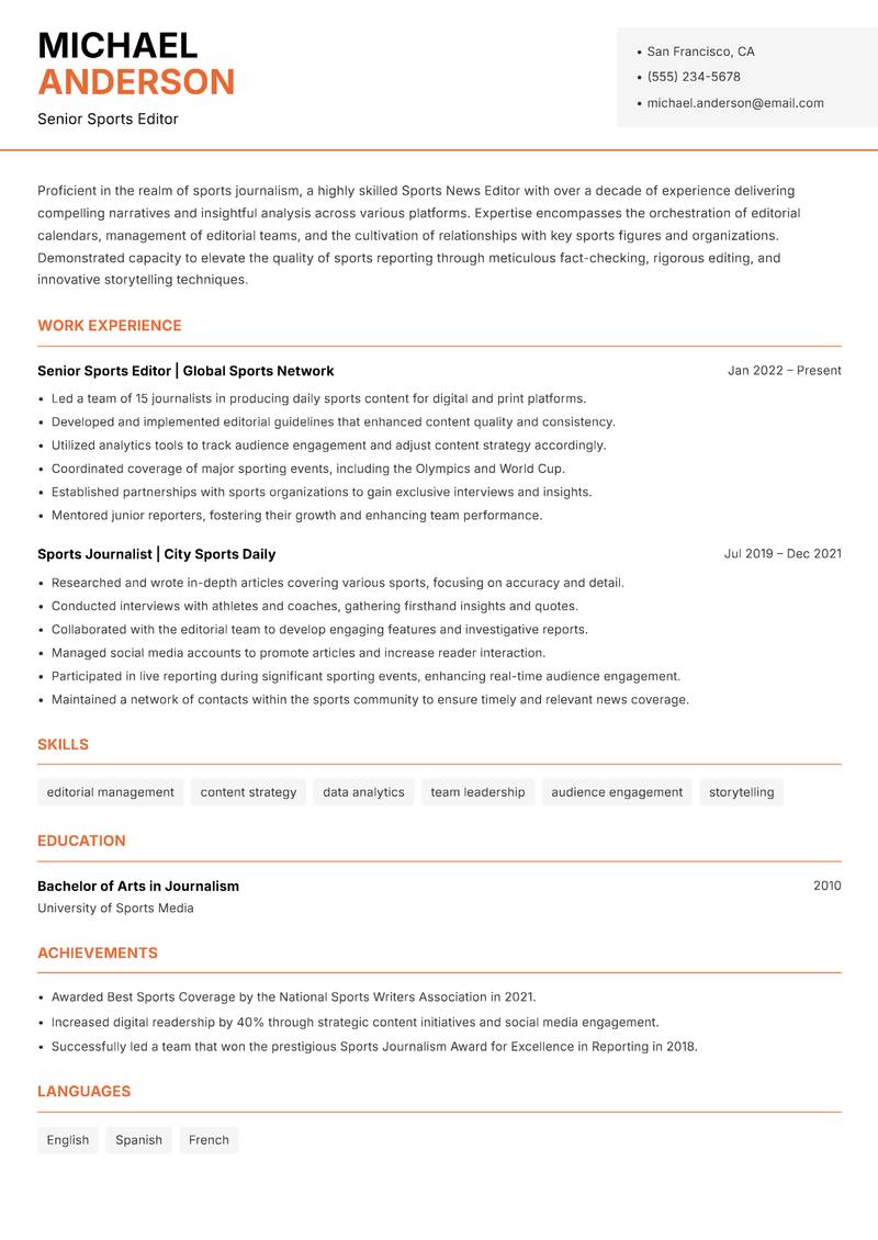Sports News Editor Resume Template