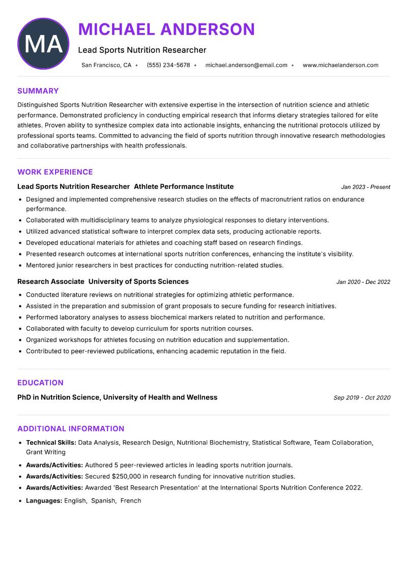 Sports Nutrition Researcher Resume Preview Example