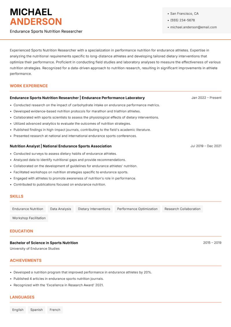Sports Nutrition Researcher Resume Template