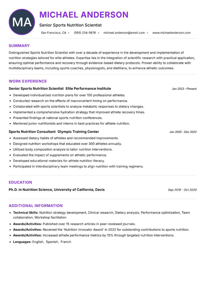 Sports Nutrition Scientist Resume Preview Example