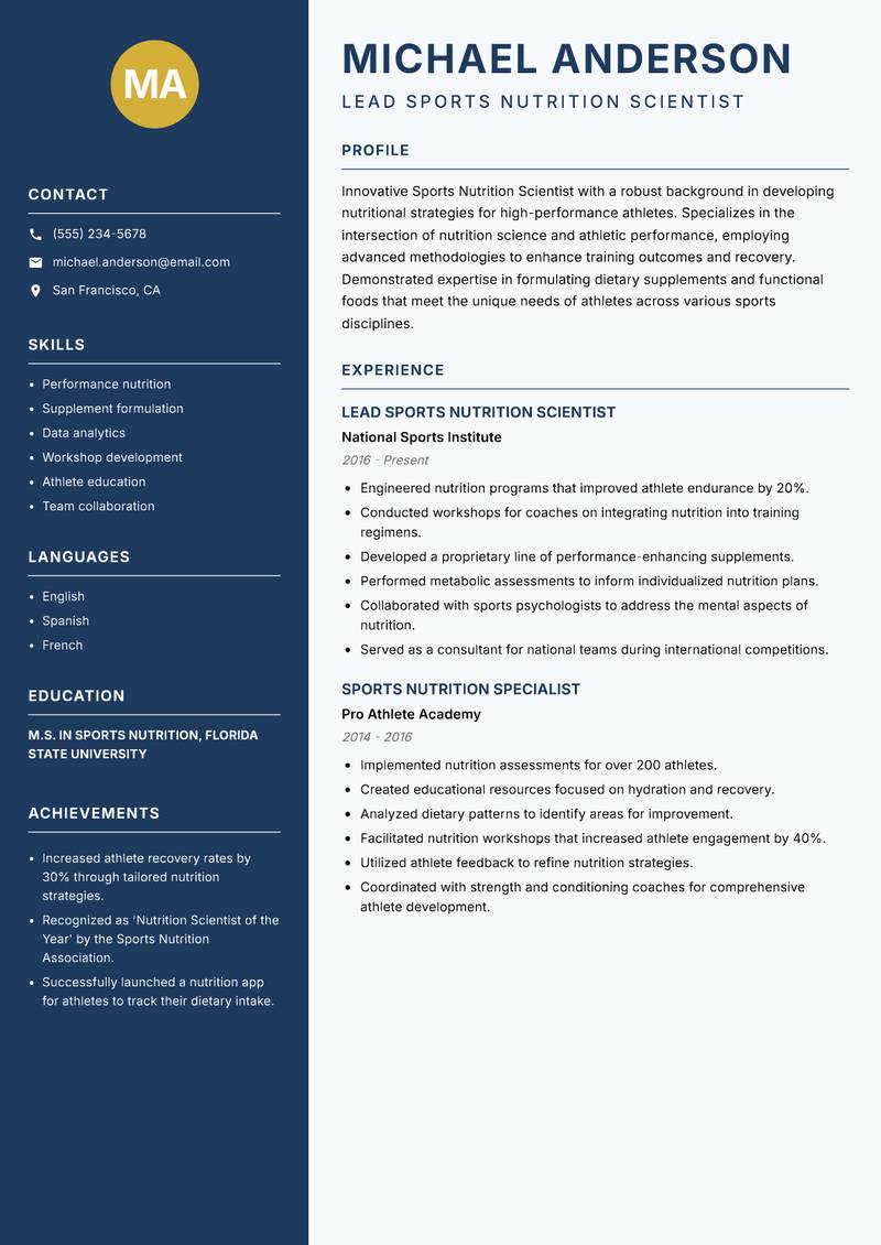 Sports Nutrition Scientist Resume Preview Example
