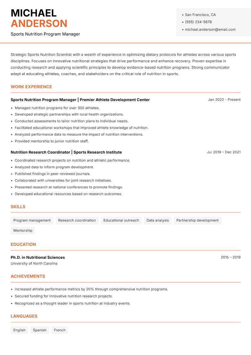 Sports Nutrition Scientist Resume Template
