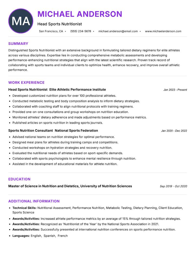 Sports Nutritionist Resume Preview Example