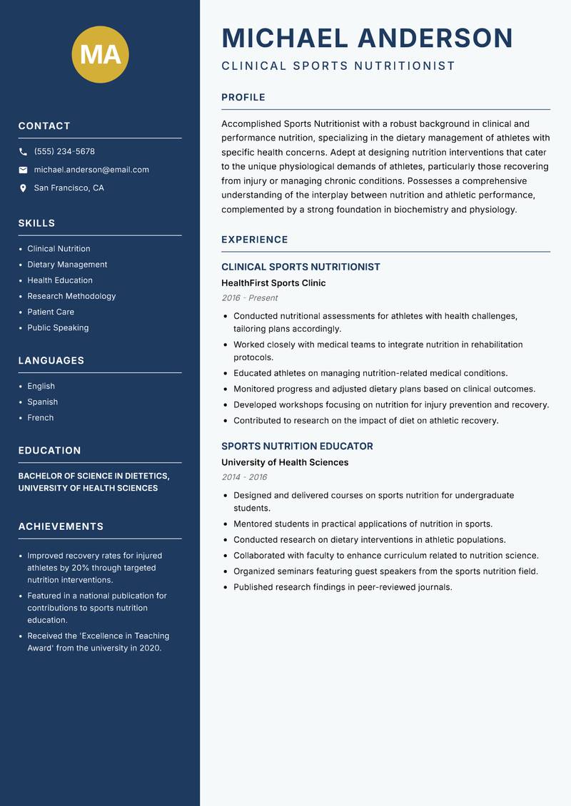Sports Nutritionist Resume Preview Example
