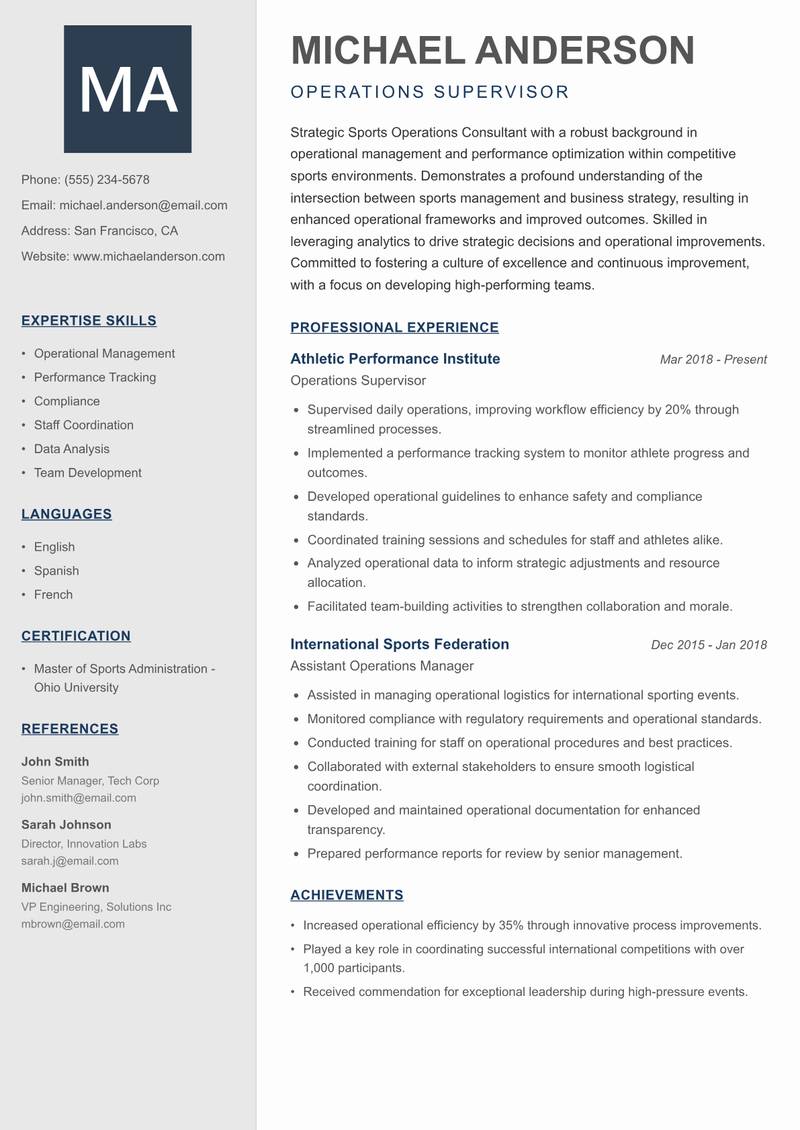 Sports Operations Consultant Resume Preview Example