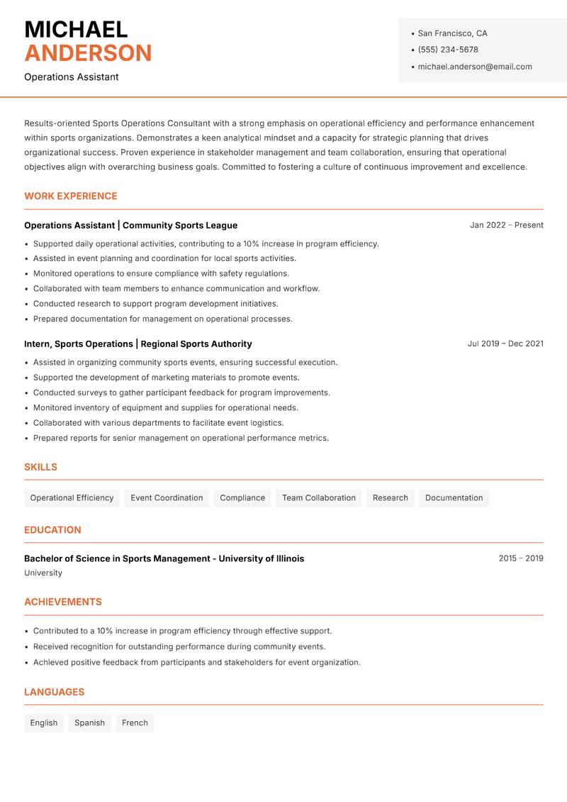 Sports Operations Consultant Resume Template