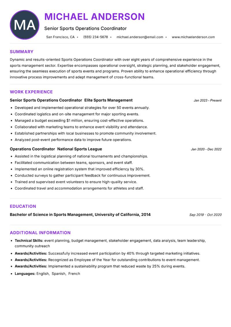 Sports Operations Coordinator Resume Preview Example