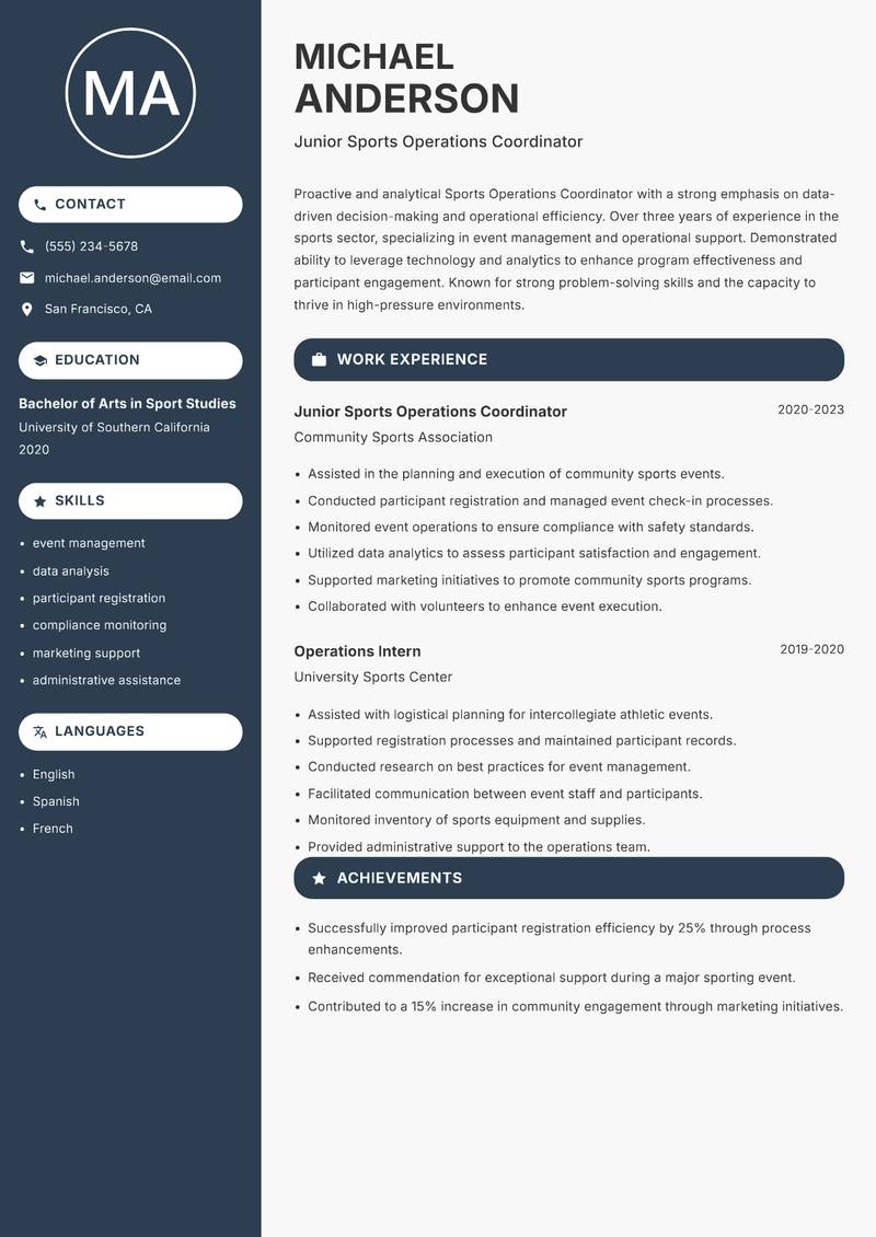Sports Operations Coordinator Resume Preview Example