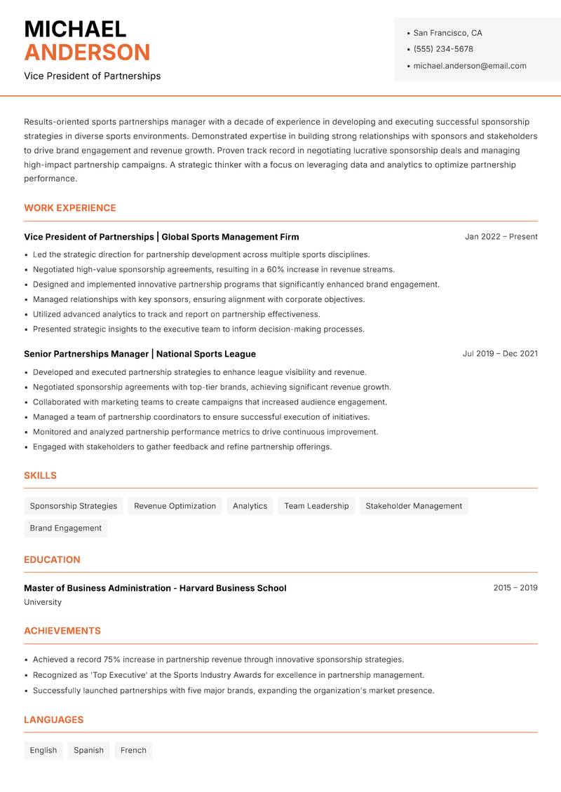 Sports Partnerships Manager Resume Template