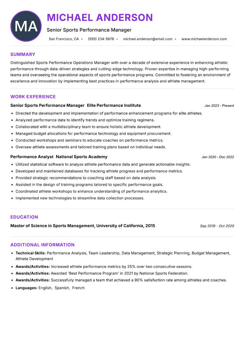 Sports Performance Operations Manager Resume Preview Example
