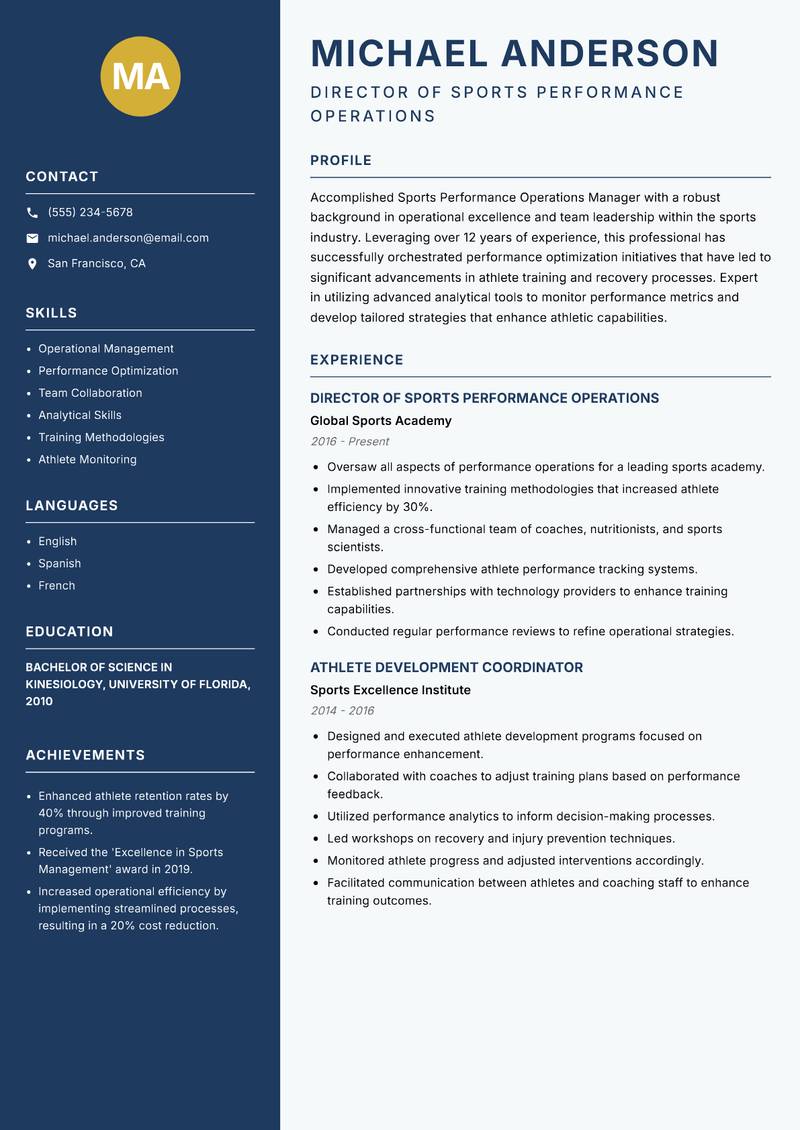 Sports Performance Operations Manager Resume Preview Example
