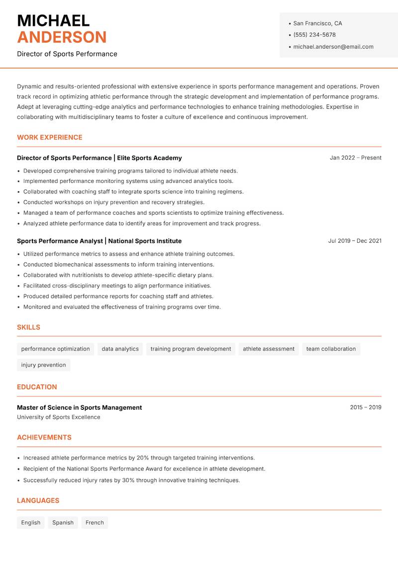Sports Performance Operations Manager Resume Template
