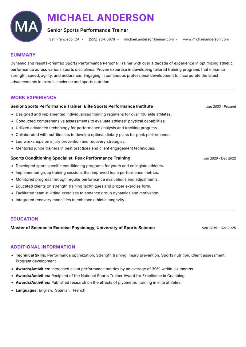 Sports Performance Personal Trainer Resume Preview Example