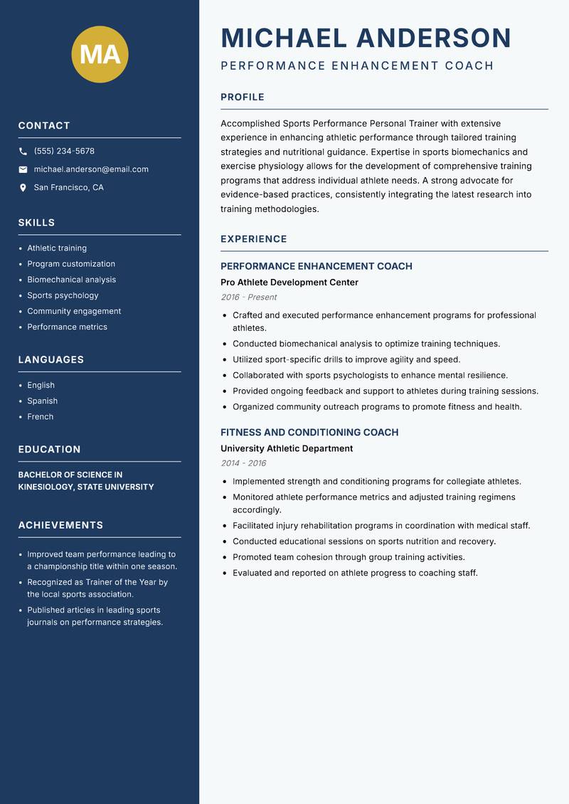 Sports Performance Personal Trainer Resume Preview Example