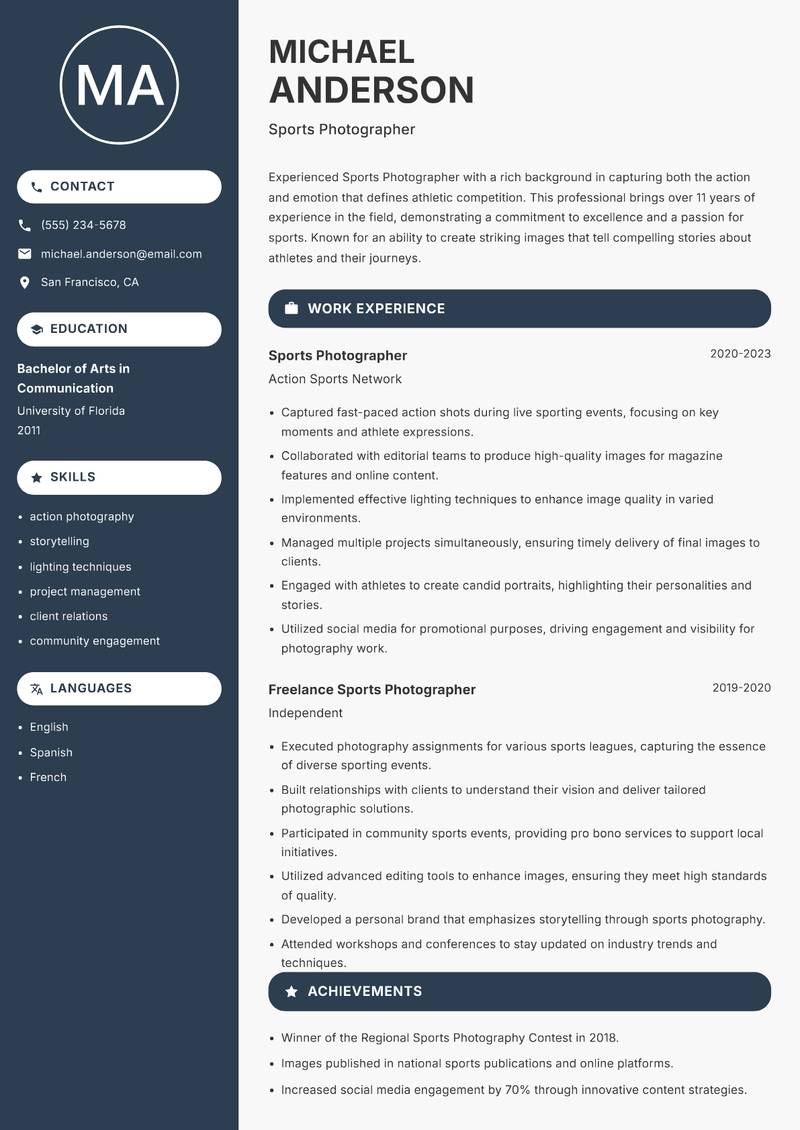 Sports Photographer Resume Preview Example