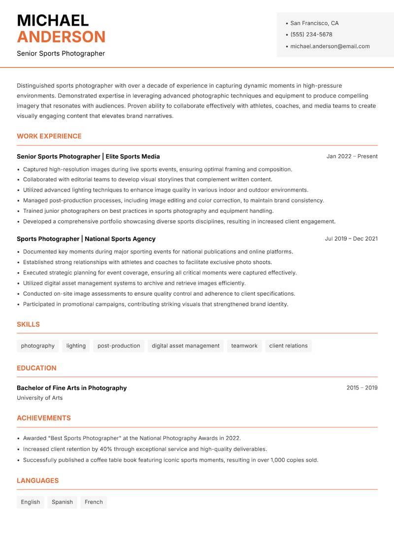 Sports Photographer Resume Template