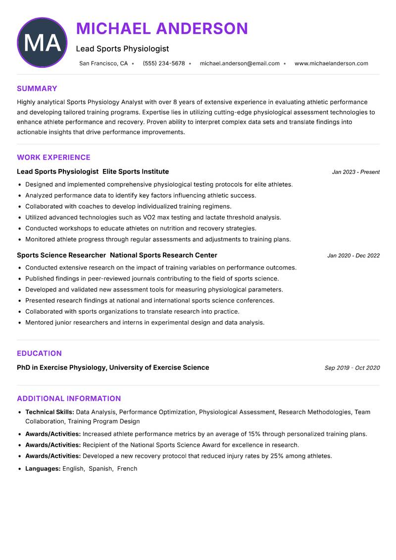 Sports Physiology Analyst Resume Preview Example