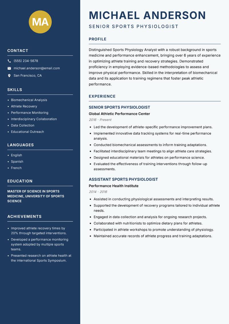 Sports Physiology Analyst Resume Preview Example