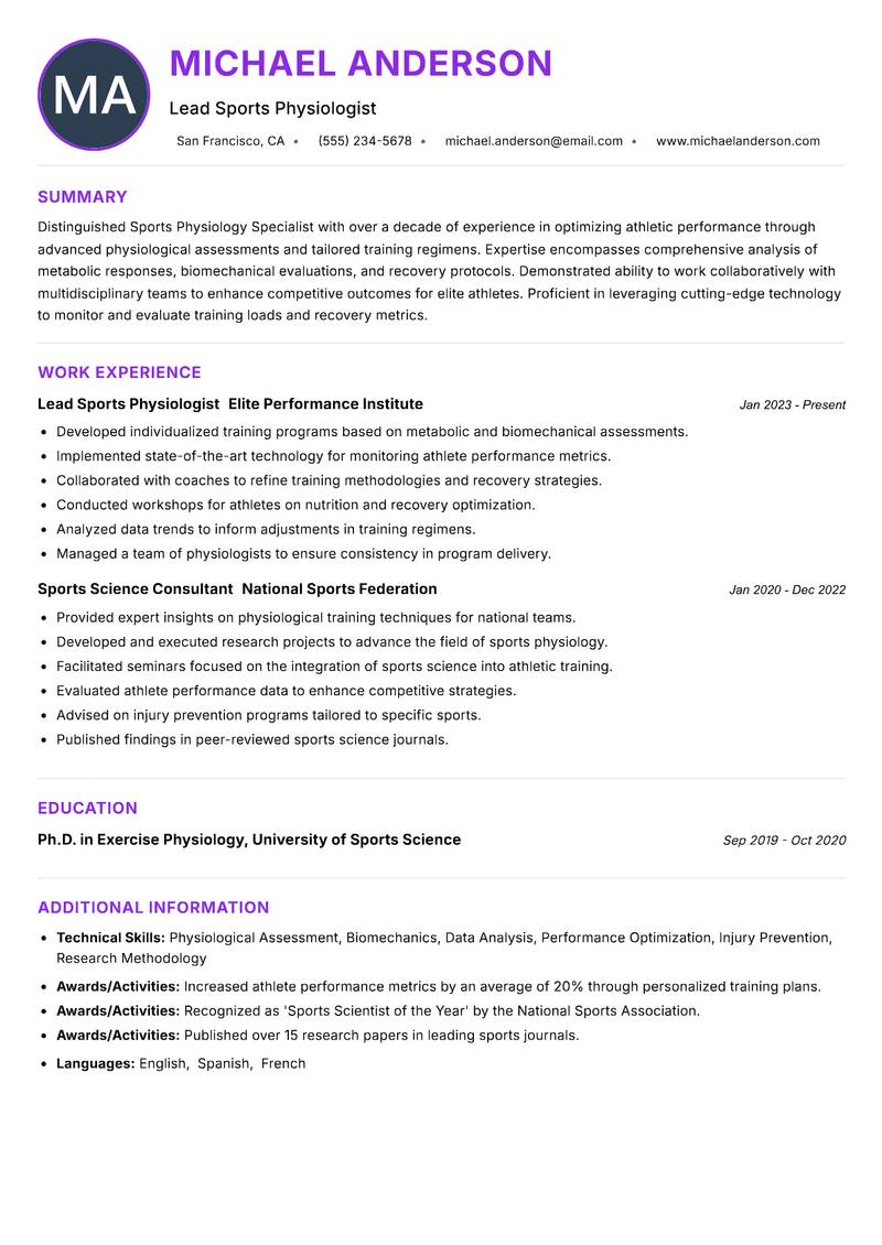 Sports Physiology Specialist Resume Preview Example