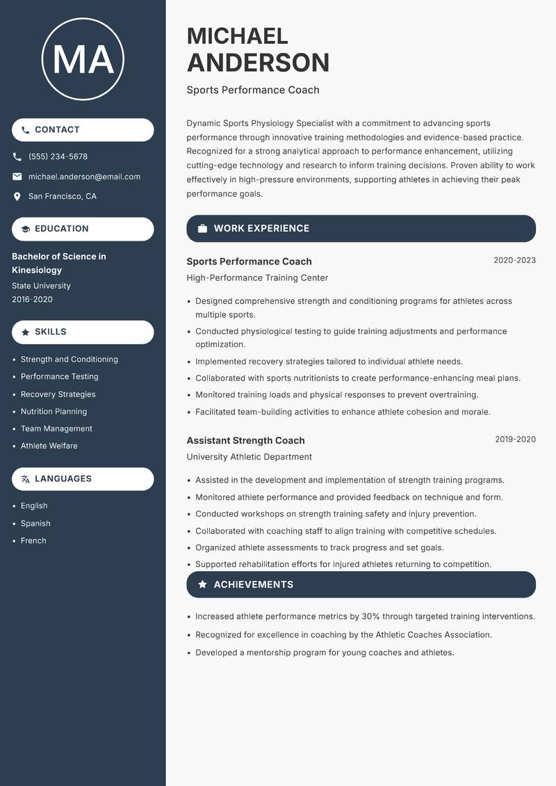 Sports Physiology Specialist Resume Preview Example