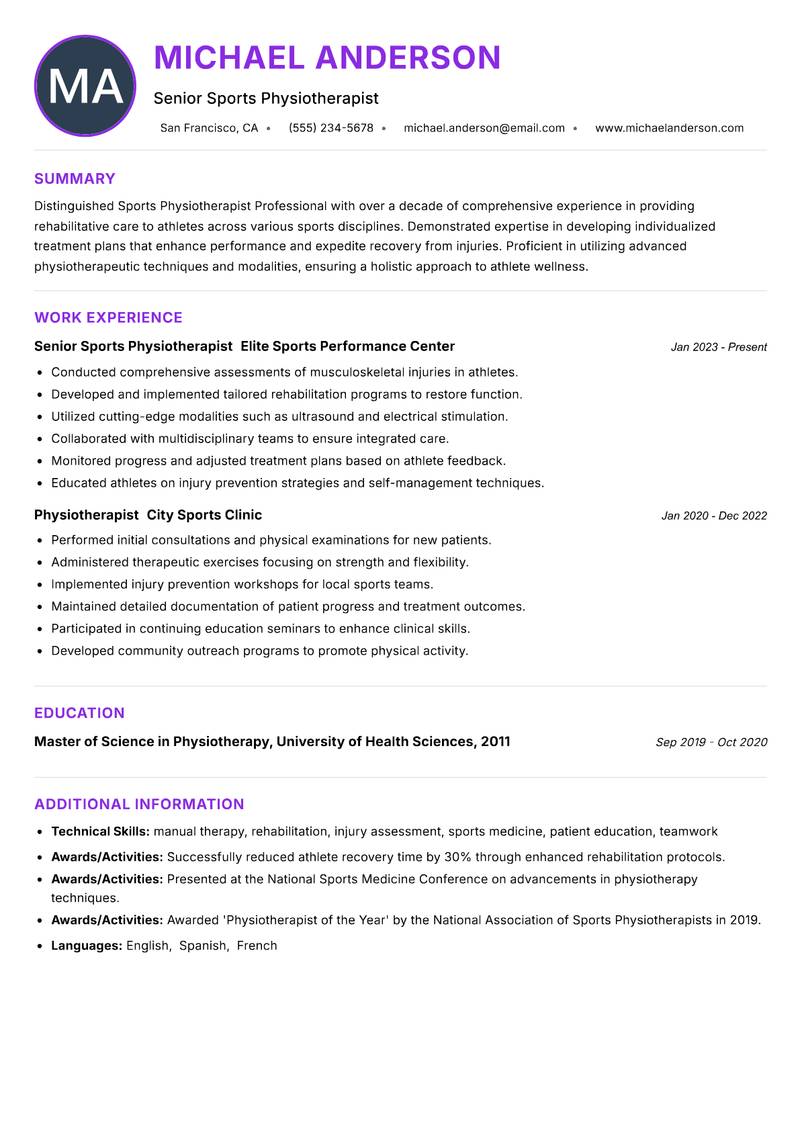 Sports Physiotherapist Professional Resume Preview Example