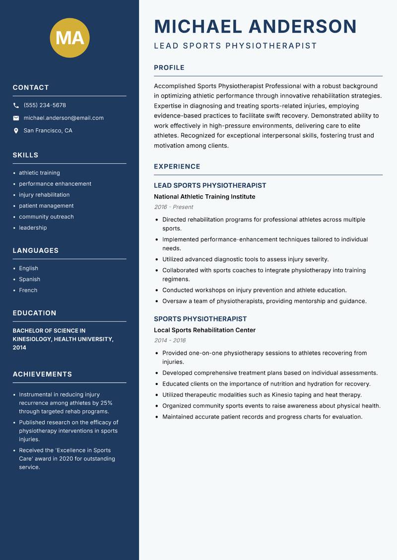 Sports Physiotherapist Professional Resume Preview Example