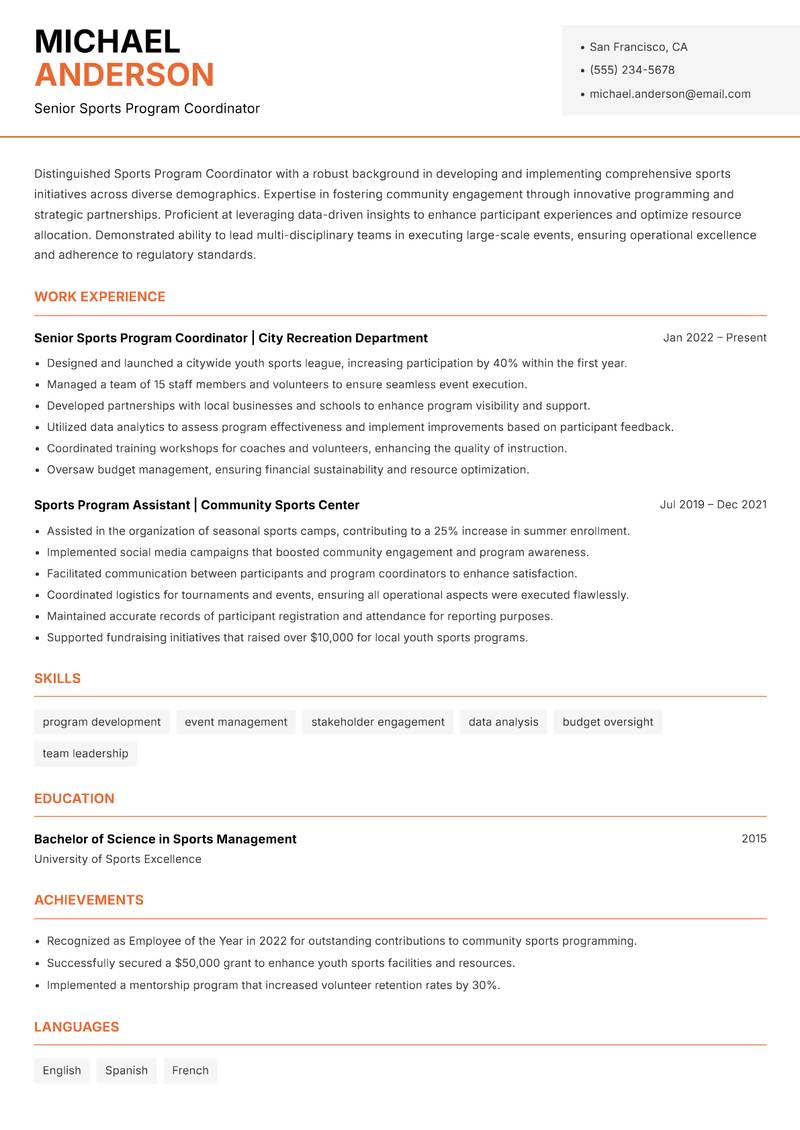 Sports Program Coordinator Resume Template