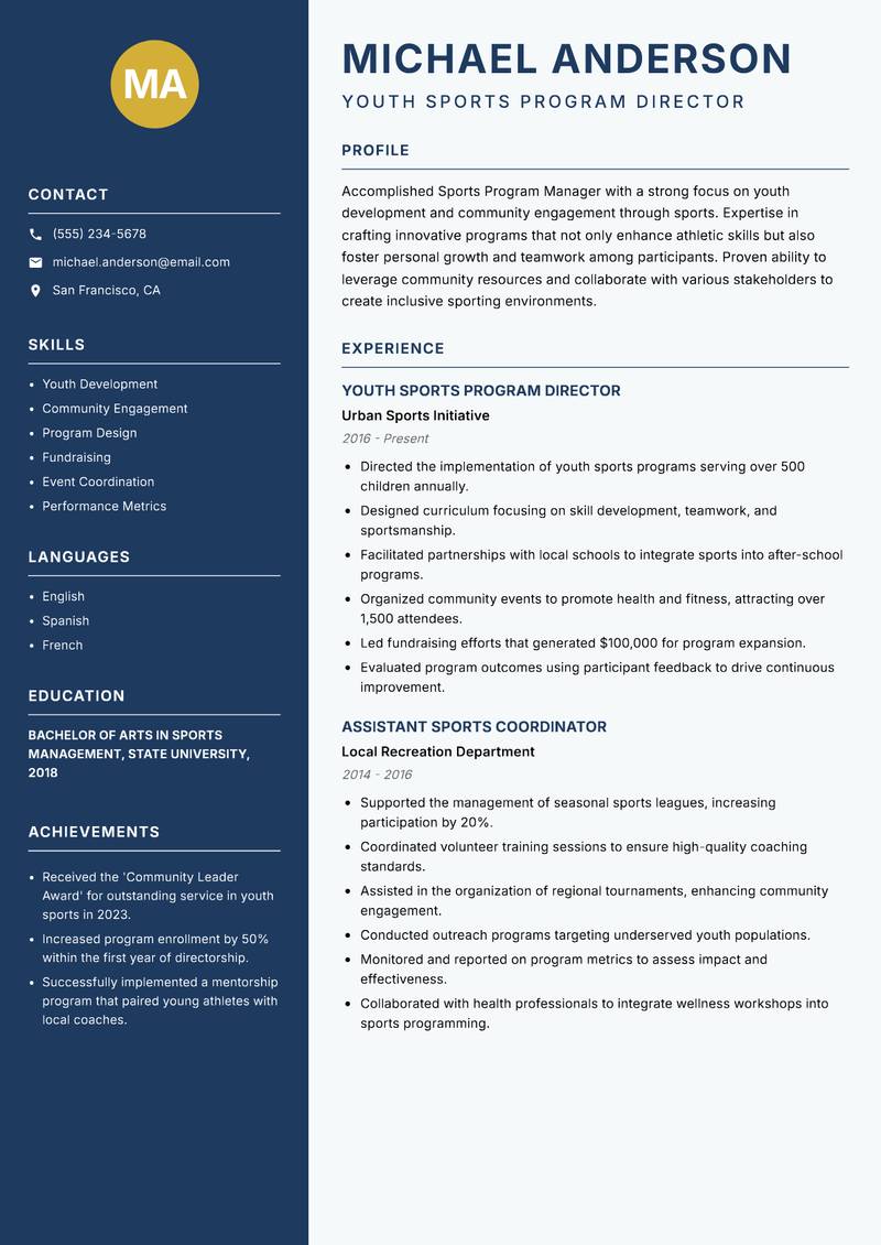 Sports Program Manager Resume Preview Example