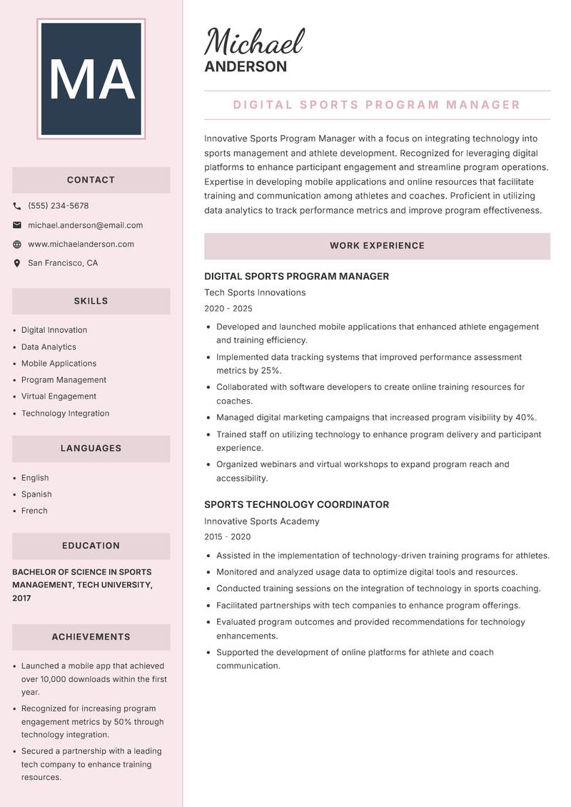 Sports Program Manager Resume Preview Example