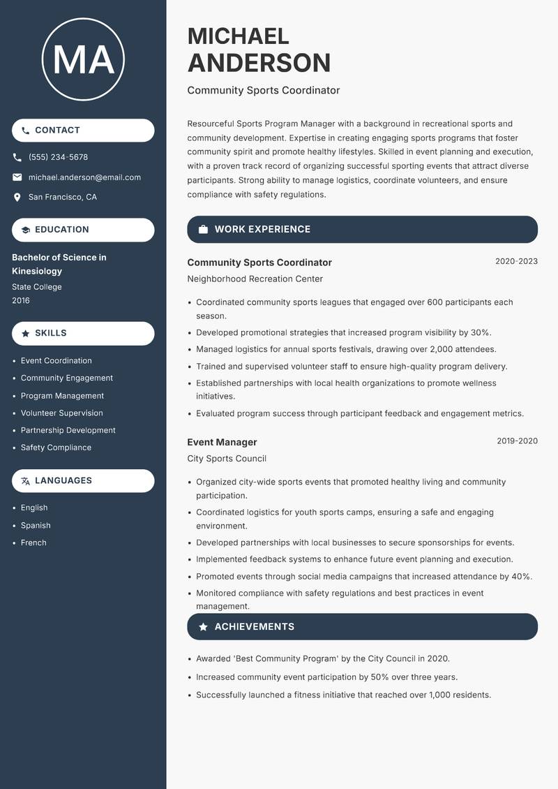 Sports Program Manager Resume Preview Example