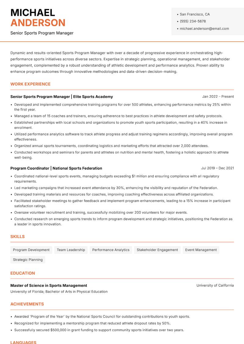 Sports Program Manager Resume Template